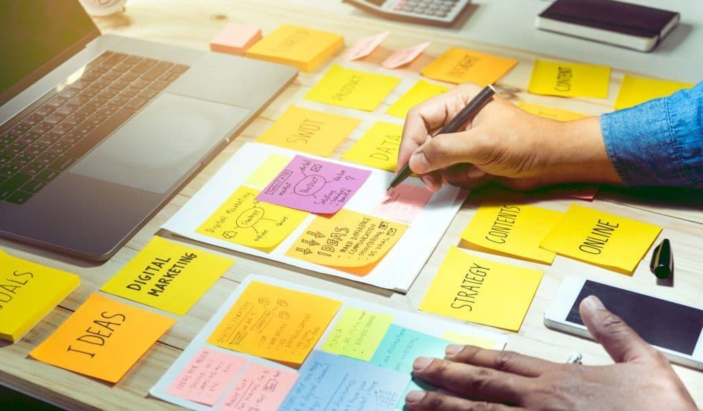 Planning notes and sticky notes laid out on a desk
